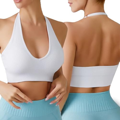 Litthing Sports Bras Women Sexy Halter Neck Backless Bra Elegant Yoga Bra Comfort Padded Solid Color Seamless Bralettes Mid Impact Support Fitness Running Gym Crop Tank Tops White