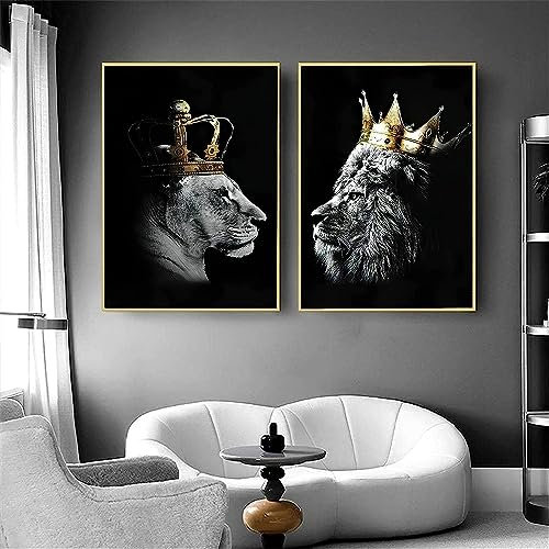 Löwe und Löwin mit Krone Leinwand Bilder, Schwarz Weiß Tier Poster Dekoration, Wildes Tier Kunst Drucke für Wohnzimmer Wohnkultur Dekor Kein Rahmen (Löwe -1, 2x80x120cm)
