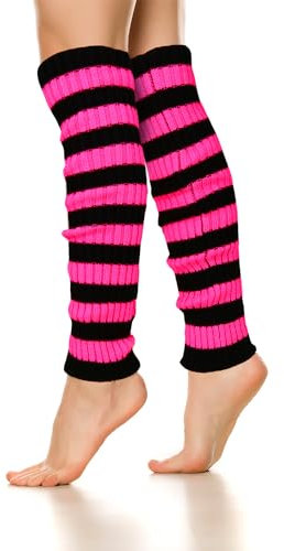 Benefeet Sox Gestreifte Beinstulpen für Damen und Mädchen, gerippte Baumwolle, gestrickt, bunt, lange Beinstulpen, 80er und 90er Jahre, Tanzparty, Rosa und Schwarz., Medium