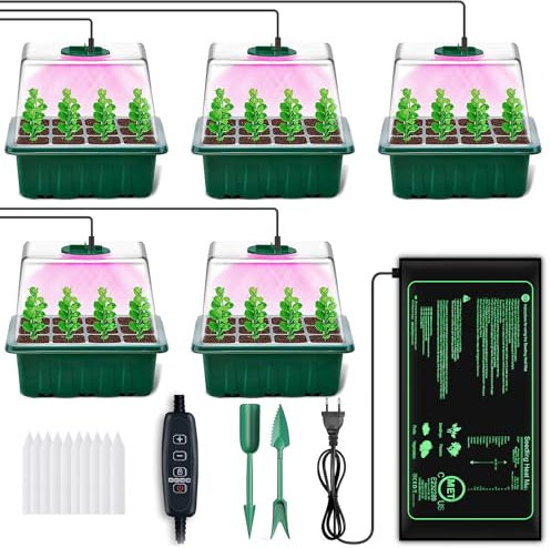 YAUNGEL Vassoio Germinazione, 5 Pezzi Mini Serra Germinazione con Tappeti Riscaldati, Luminosità Regolabile e Regolatore di Temporizzazione, Propagatore di Semi Kit per Germinazione Coltivazione
