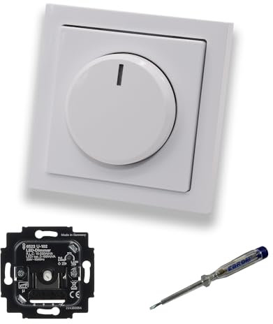Busch Jäger 6523U-102 LED-Drehdimmer LED-Dimmer mit Dimmerscheibe Zentralplatte 6540-84-102 Einfachrahmen in Future Linear Studioweiß glänzend + EBROM Phasenprüfer z. Montage des Dimmers 6523 U – 102