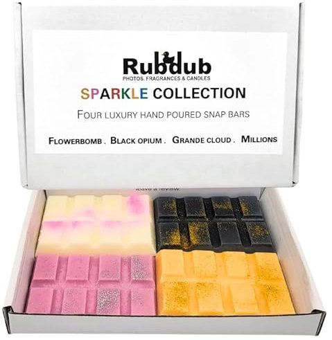 Rubdub 4 X 30G Soy Wax Melt Snap Bars (Black Opium/Flower Explosion/Grande Cloud/Millions) - 100 Hours + Burn Time - Highly Scented - Wax melts gift set, Wax melts strong scented (Sparkle Collection)