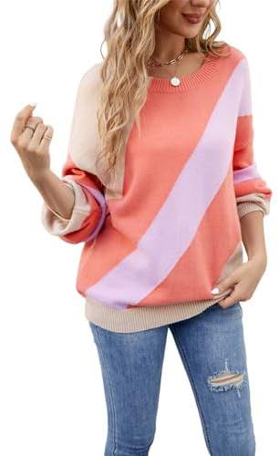 HEYPORK Damen Herbst Winter Warm Bequem Pullover Casual Mode Strickjacke Strickpullover Frauen Pullover Patchwork Rundhals Lose Strickpullover Pullover