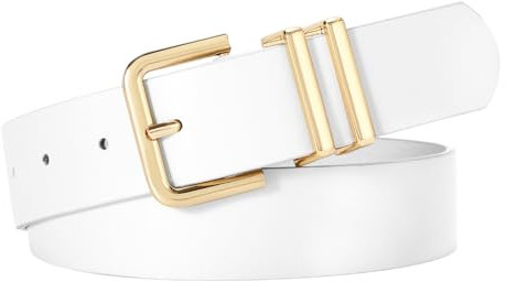 SUOSDEY Damen Ledergürtel für Jeanshosen, Modischer Damen Taillengürtel, Kleidergürtel mit goldener Schnalle 3.3cm Breite weiß