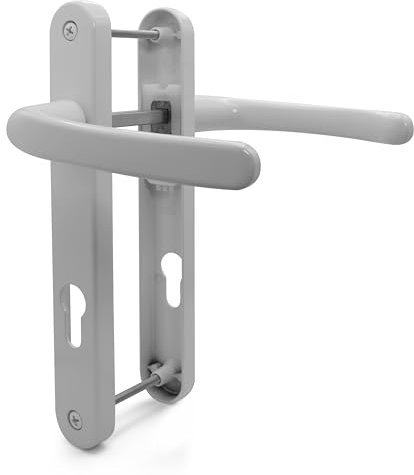 TSS White UPVC Door Handle Pair Set, Sprung, 92mm PZ (Centres), Lever Lever, 203mm Screw to Screw, Backplate 232mm x 32mm - Replacement PVC Door Handle in White, Suits Everest/Asgard