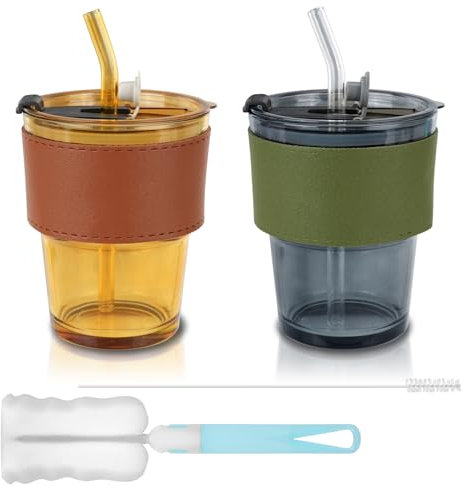 Mulaibdin 2 Pz Vasos con Tapa y Pajita, Vasos Cafe Cristal Reutilizables, Bubble Tea Cup Glass 380 ml con Cepillo Limpia Botellas, Vasos de Cristal Agua para Cola,Batidos,Cerveza,Bebida (Ámbar/Gris)