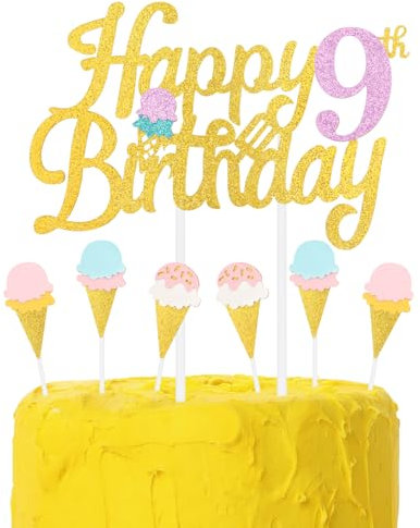 Ice Cream Birthday Cake Toppers, Girls Boys 9th Birthday Party Decorations, Happy 9th Birthday Cake Toppers, Colorful Ice Cream Cake Cupcake Toppers for Ice Cream Themed Party Decorations Supplies
