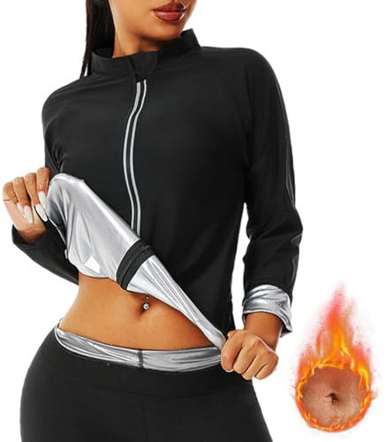 Weyot Sauna Jacke Damen, Schwitzanzug Damen Zum Abnehmen, Schwitzjacke Damen Langarm Sauna Shirt, Gewichtsverlust Abnehmen Fett Verbrennen Bauchkontrolle Saunashirt Mit Reißverschluss,S,Silver