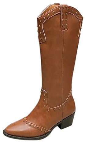Stivali Alti Donna con Tacco Western Texani Boots Equitazione Stivali Texani Donna con Tacco Bassi Tronchetti a Punta Stivali Donna Indianini Stivaletto da Cowboy Cowgirl a Metà Polpaccio Stivaletti