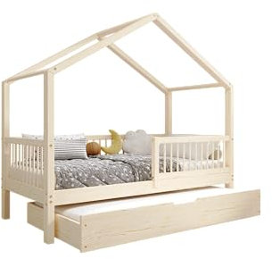 TIMBEE MURLO - Duo Holzbett - in Hausform mit Gitter, Sprossen und Schublade - Skandinavischer Stil - Massive Konstruktion aus Naturholz - Option mit Schlaffunktion - Unlackiert - 90x180cm