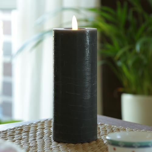 MARELIDA LED Kerze in Rustik Optik Echtwachskerze Stumpenkerze mit leicht flackernder Flamme und Timer Wachskerze für Innen in grau (D: 7cm - H: 19cm)