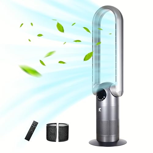 Ocean Loong HEPA Air Purifier and Bladeless Tower Fan with Remote & Touch Control - 9 Speeds - Timer - Oscillation and Foldable Design for Home - 39 AC68P Grey