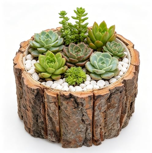 ibasenice Waterproof Bark Flower Bucket, 12cm Short Rustic Wooden Planter and Pen Holder for Desk Decor, Small Weather Resistant Decorative Trough Plant Pot for Indoor Outdoor Home Garden, Brown