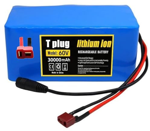 60V 30Ah Batterie au Lithium pour Vélo Électrique Batterie Lithium-ION Remplaçable Scooter Batterie 16S2P Batterie au Lithium avec Chargeur pour Moteur de vélo 1000W 750W 500W T Plug,60V 30Ah