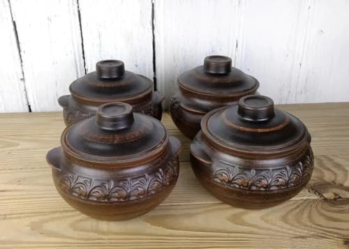 4er Set Keramik Töpfe mit Deckel 600 ml – Handgemachte Ton Töpfe für Ofen – Hitzebeständig, Rustikal, Ideal für Eintöpfe, Backofen & Servieren