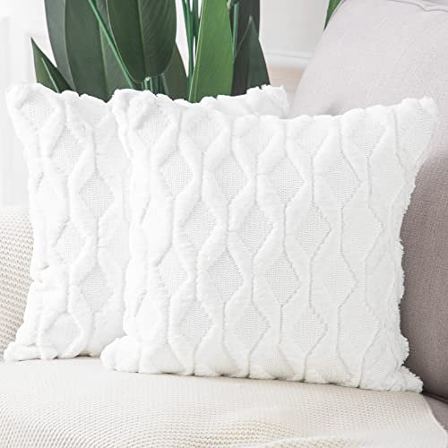 Madizz 2er Set Sanft Plüsch Kurze Wolle Samt Dekorativ Zierkissenbezüge Luxus Stil Kissenbezug für Sofa für Schlafzimmer Weiß 50x50 cm Quadrat