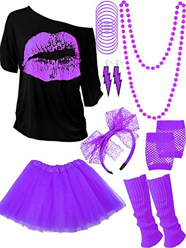 Blulu 80 Jahre Kostüm Zubehör für Damen Set, T-Shirt Lippenprint Erwachsener Tutu Rock Spitzen Stirnband Neon Ohrringe Halskette Beinlinge Netz Handschuhe Armband (Purple, XXXL)