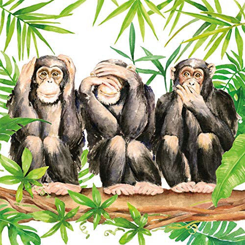 CasaJame Servietten (2er Set / 40Stück) 3-lagig 33x33cm Tropical Affen Schimpansen Blätter Monstera Philodendron