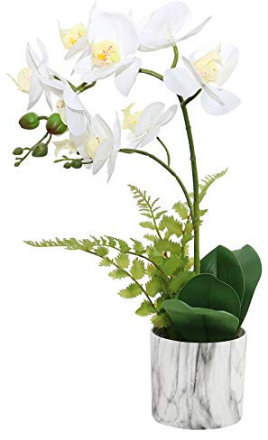 Olrla künstliche Orchideenblumen Pflanze im Marmortopf, dekorative echte Berührung gefälschte Phalaenopsis Bonsai Esstisch Herzstück Badezimmer Ornament (Weiß 2)