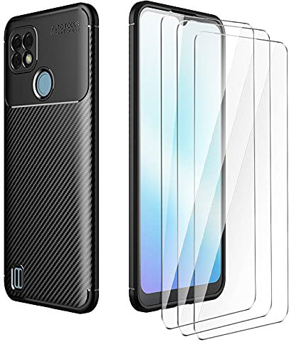 LYZX Funda para Realme C21+ Protector de Pantalla de Vidrio Templado de 3 Piezas, Funda Ultrafina y Duradera para teléfono de TPU, Funda Protectora de Fibra de Carbono, Negro