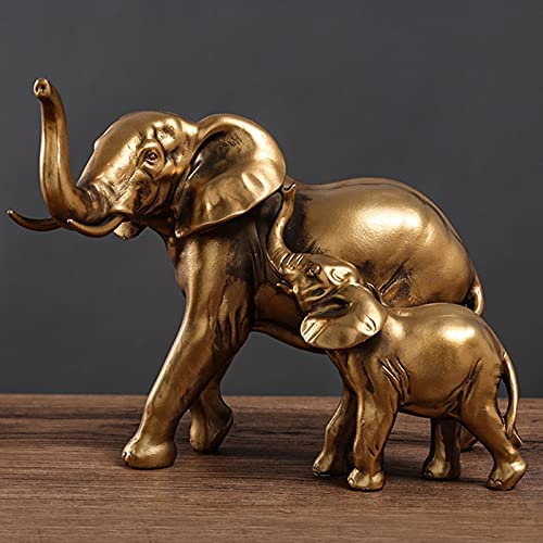 Elefant Statuen Skulpturen Desktop Harz Dekoration Handwerk Dekorative Statuen Mutter Elefant Baby Elefant Symbol des Glücks,Gold,22.5 * 12 * 16.5cm