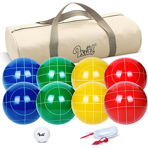 VSSAL Bocce Ball Set 107mm Regulation Size and Weight 920g for Professional Tournament, Backyard, Beach, Lawn Game with 8 Resin Bocci Balls, 60mm Pallino, Measuring Rope, Carrying Bag (Multi-Color)