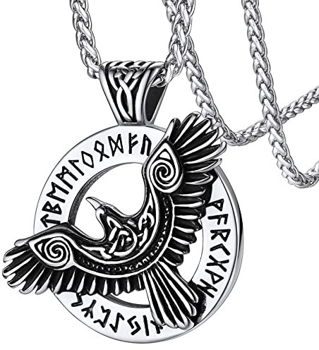 FaithHeart Edelstahl Viking Raven Kette mit Rune Symbol Nordischer Krähe Anhänger mit Rune Wikinger Rabe Halskette für Herren Jungen