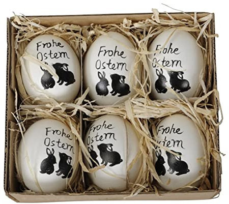 Posiwio ausgefallene Ostereier echte Hühnereier Motiv 2 Häschen und Schriftzug Frohe Ostern in schwarz Preis für Set a 6 Stück, ca. 4,5 x cm