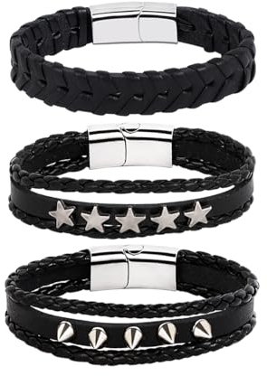 JJDreams Punk Armband Herren Armbänder Set Schwarz lederarmband Gothic Geflochtene Armreif Leder