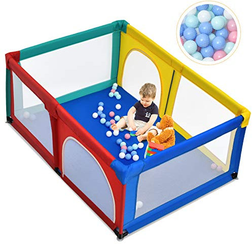 GOPLUS Baby Laufstall mit 50 Spielbällen, Krabbelgitter für Kleinkinder & Säulinge, stabiler Laufgitterzelt mit atmungsaktivem Netz, Reisebett mit Tür und Reißverschluss, mehrfarbig (120x190cm, Bunt)