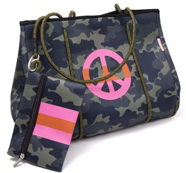 MOO´ILO Mooilo Camouflage Neopren-Tasche für Damen, zum Einkaufen, Urlaub, Reisen, Sport, Büro, Schule, Pool, Strand, Design - made in Germany (L, Camouflage grün dunkel) Size L 40 x 24 x 32 cm