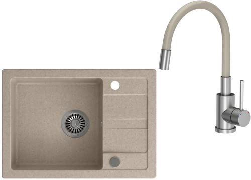 VBChome Spülbecken mit Armatur Beige 62 x 44 cm Granit Einzelbecken Einbauspüle Abtroffläche gesprenkelt reversibel Verbundspüle Küchenarmatur Beige + Siphon