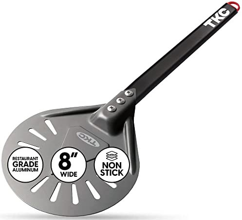 TKC 8 Perforated Pizza Peel - Professional Aluminum Pizza Turning peel - Long Handle Metal Pizza Spatula for Indoor and Outdoor - Lightweight Non-Stick Pizza Turner - Ooni Pizza Oven Accessories