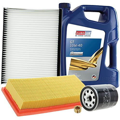 BESTPRICE Inspektionspaket Filterset mit 1x Ölfilter; 1x Luftfilter; 1x Innenraumfilter; 1x Ölablassschraube; 1x Motoröl 10W-40 EUROLUB GT SAE 5 l, KOMPATIBEL MIT - FIAT PUNTO (188_)