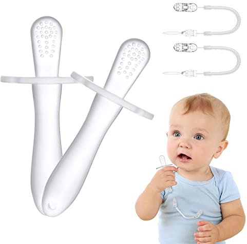 Vicloon Beißring Baby, 2 Stück Baby Zahnungshilfe mit 2 Schnullerkette, Silikon Beissring Baby BPA-frei,wundes Zahnfleisch zu stimulieren und zu massieren-Transparent Gemeinsamen Stil