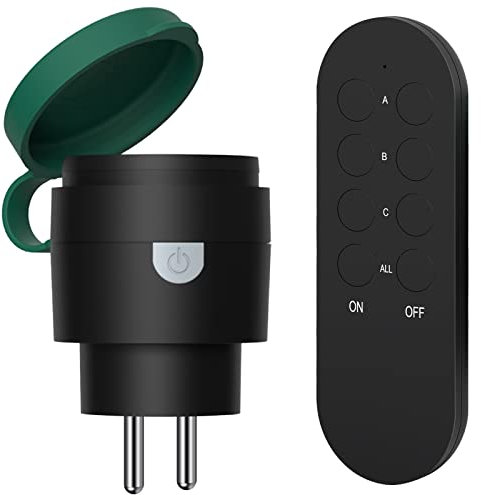 SURNICE Prese Telecomando Wireless 2300 W, Spine Programmabili Esterni IP44, Portata 40 M, 3 Prese e 1 Telecomando con All On/Off, Nero/Verde