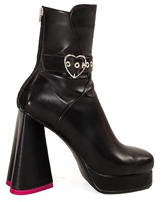 LAMODA - Women's All Yours Platform Ankle Boots, UK3, Black Ankle High Boots with Heart Buckle and Rear Zipper, Fuchsia Heart Heel Platform Boots