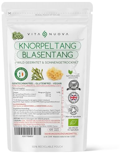 Bio Knorpeltang (Irisch Moos/Irish Sea Moss) & Blasentang - 120 Kapseln - Wild Geerntet & Sonnengetrocknet - In Irland gewachsen - Unberührte atlantische Gewässer - 92 essenzielle Nährstoffe - GMP