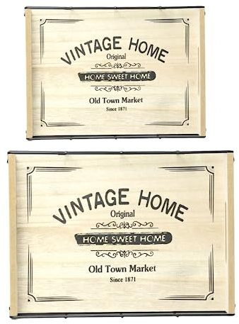 Bandeja de madera para servir, vintage, casa de campo, cocina, con asas, borde de alambre de metal, bandejas con logotipo de Home Sweet Home (paquete de 2)