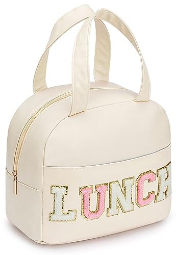 DIRGEE Lunch Bag for Women Insulated For Men PU leather Small Office Work lunch with Chenille Letters Leakproof Freezable Cooler Reusable Portable Box (White)