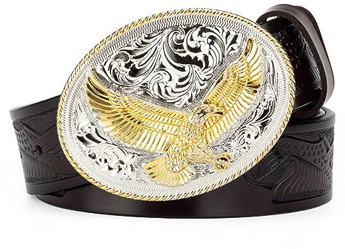 JIARY Gürtel Herren Vulture-Serie, Herren-Gürtel Goldadler Western Cowboy, Cowboy-Gürtel 3D-Gürtel mit Adler-Schnalle Vintage-Prägung Gravur,Braun,105CM/41.3''