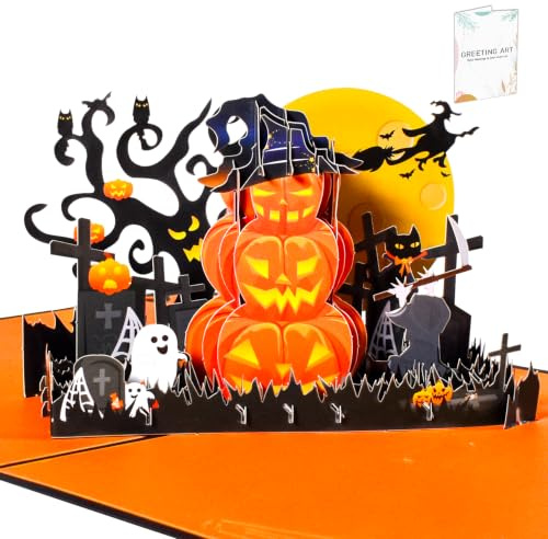 GREETING ART 3D Halloween Kürbiskarte, Pop Up Karte Halloween, Pop Up Karte mit gruseligem Geist Kürbis Hexe Mond