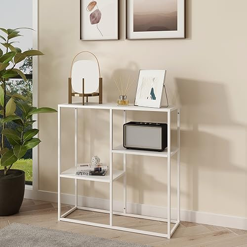 [en.casa] Mueble de Entrada Atemporal Mesa Consola Versátil Mesa Recibidor con 2 Estantes Inferiores de Diferentes Alturas Acero 80 x 80 x 26 cm - Blanco Mate