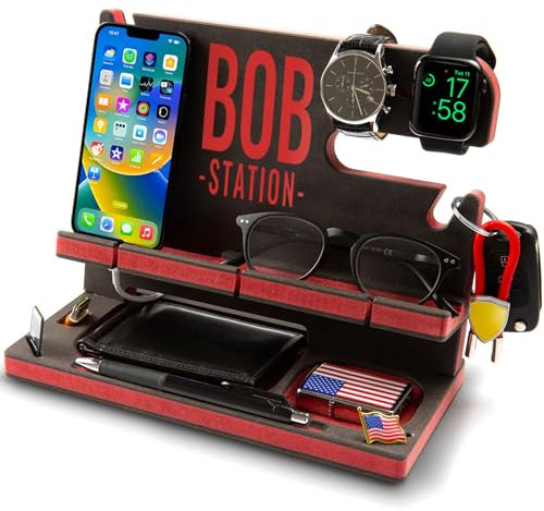 Greta Oto Station de Charge en Bois pour Téléphone, Tablette, Montre, Clés, Support Rangement Bureau, Organisateur de Bureau Personnalisé,Table de Nuit, Cadeaux Hommes (Rouge)