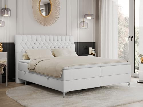 MKS MEBLE Boxspringbett 180x200 mit 2 Bettkästen Matratze und Topper, Polsterbett 180x200, Bett 180x200 - Milen - 180x200cm - H4 Weiß Kunstleder