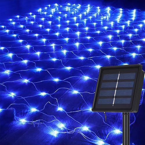 DINOWIN Solar LED Lichternetz Außen 1,1 x 1,1M 100 LED Lichterkette Netzlicht Mesh Lichtervorhang 8 Modi Baum Lichterkette für Party Garten Balkon Hochzeit Geburstag Weihnachten (Blau)