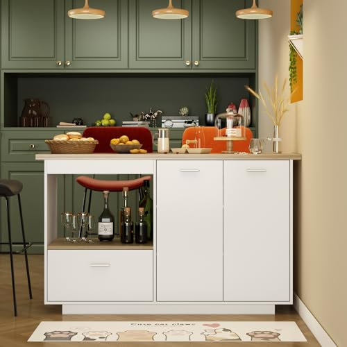 PREMTURE Kücheninsel mit Arbeitsplatte, Küchenschrank mit 1 Schublade, Kücheninsel mit Verstellbare Regale, Buffetschrank, Frühstückstisch, 150 x 91 x 80 cm, MDF, Weiß + Eichenholz