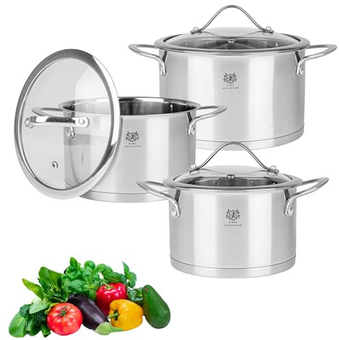 KARL HAUSMANN Topfset Induktion Edelstahl 3-Teilig - Kochtöpfe für Alle Herdarten - Kochtopf Set mit Glasdeckel - Töpfe mit Messskala - Topf Set - Kochtopfset - Topfsets - Pots - Induktionstöpfe