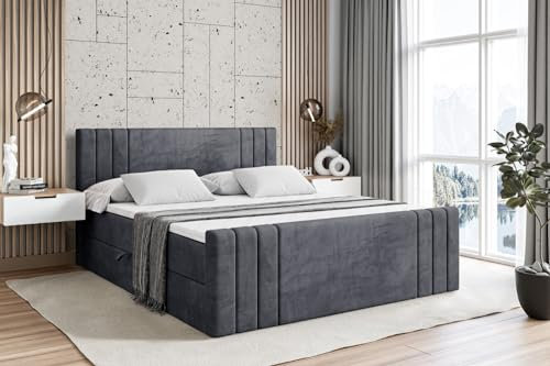 ALTDECOR Boxspringbett mit Matratze und Lattenrost, Boxbett, Topper, Fußteil, Polsterbett mit Bettkasten, Bett mit Stauraum H4-Matratze, Springboxbett - IDRIKO-Z - 180x200 - Dunkelgrau Samt