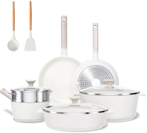 JEETEE Set de Poêles et Casseroles en Céramique Antiadhésives 16-Pièces, non toxiques, pour induction, sans PFOS et PFOA, Beige